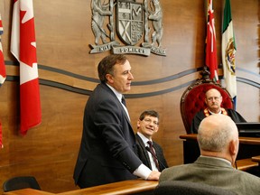 EMILY MOUNTNEY-LESSARD/THE INTELLIGENCER
Newly elected MPs Neil Ellis and Mike Bossio address Hastings County council. Councillors will be looking to both Ellis and Bossio is helping to flow federal dollars into local communities.