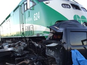 Service on the Milton GO line was been suspended Friday morning following a fatal collision involving a tow truck and a train. (Peel Regional Police handout)