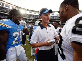 Raiders wide receiver Amari Cooper (right) shakes hands with Chargers head coach Mike McCoy as Chargers running back Melvin Gordon (left) looks on after an NFL game in San Diego on Sunday, Oct. 25, 2015. (Denis Poroy/AP Photo)