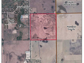 This image shows the quarter section of land on Stony Plain’s eastern boundary that will be developed into Edgeland Park. Currently, storm water runoff from this site runs into low areas that straddle both Parkland County and Spruce Grove. Both municipalities have expressed concern regarding the drainage of this runoff should Edgeland Park be developed. At this time, a solution has not yet been found. - Image courtesy of the Town of Stony Plain
