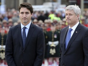 Canada's Prime Minister Stephen Harper (R) and Prime Minister-designate Justin Trudeau are seen at the National War Memorial in Ottawa on October 22, 2015. A public affairs firm that conducted focus groups after the election learned that some Canadians voted for the Liberals because of "Trudeau’s articulation of vision and values rather than specific policies.” REUTERS/Chris Wattie
