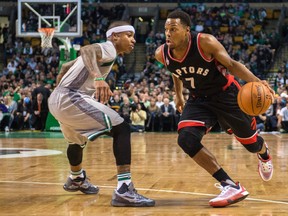 Toronto Raptors point guard Kyle Lowry drives the ball against Boston Celtics point guard Isaiah Thomas defending during the 2nd quarter at TD Garden. (Gregory J. Fisher/USA TODAY Sports)