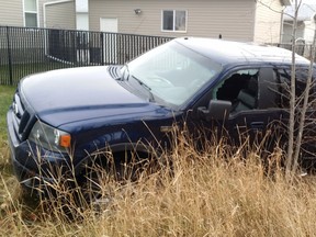 A stolen truck used in a rampage in Sylvan Lake that tore through two school fields and smashed an RCMP cruiser trying to evade pursuit. Supplied photo