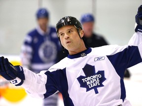 Tie Domi celebrates a goal during a scrimmage for former Toronto Maple Leafs at the Mastercard Centre in Toronto on December 12, 2013. (Craig Robertson/Toronto Sun/Postmedia Network)