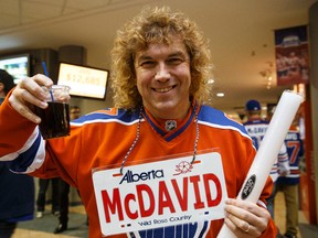 Steve Peddle wore a McDavid license plate for Halloween at a NHL game between the Edmonton Oilers and the Calgary Flames in Edmonton, Alta. on Saturday October 31, 2015. Ian Kucerak/Edmonton Sun/Postmedia Network