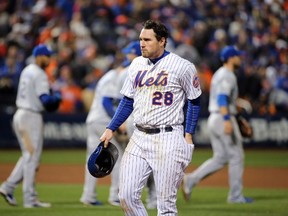 Daniel Murphy of the New York Mets reacts after losing to the Kansas City Royals by a score of 5-3 to lose Game Four of the 2015 World Series at Citi Field on October 31, 2015 in the Flushing neighborhood of the Queens borough of New York City. (Doug Pensinger/AFP)