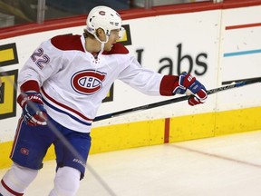 Dale Weise of the Montreal Canadiens celebrates one of his three goals against the Calgary Flames on Oct. 30, 2015, in Calgary. (JIM WELLS/Postmedia Network)