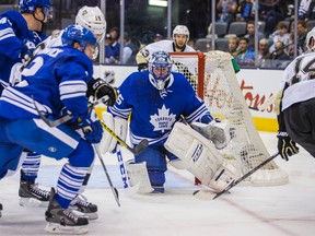Toronto Maple Leafs goalie Jonathan Bernier follows the action during the second period of his team's game against the Pittsburgh Penguins  at the Air Canada Centre in Toronto on Oct. 31, 2015. (ERNEST DOROSZUK/Toronto Sun)