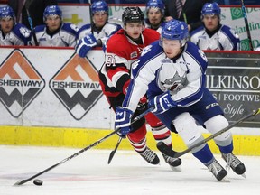 Sudbury Wolves Patrick Murphy handles the puck during OHL action against the Ottawa 67's in Sudbury, Ont. on Sunday November 1, 2015. Gino Donato/Sudbury Star/Postmedia Network