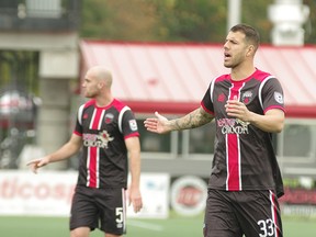 Fury FC defender Rafael Alves doesn’t look particularly happy with a call Saturday in Atlanta against the Silverbacks. (Mike Beaverson Photo)