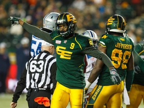 Edmonton's Patrick Watkins (9) gestures to the bench after the defence stopped Montreal's drive during the second half of a CFL game between the Edmonton Eskimos and the Montreal Alouettes at Commonwealth Stadium in Edmonton, Alta.. on Sunday November 1, 2015. The Eskimos won 40-22. Ian Kucerak/Edmonton Sun/Postmedia Network