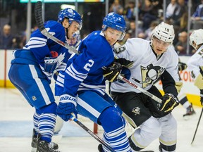 Toronto Maple Leafs' James Van Riemsdyk and Pittsburgh Penguins' Beau Bennett during second period action at the Air Canada Centre in Toronto on Saturday October 31, 2015. Ernest Doroszuk/Toronto Sun/Postmedia Network