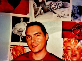 Sex killer Luka Magnotta, serving life in a Quebec prison, poses happily in street clothes against the backdrop of his collection of Marilyn Monroe posters.