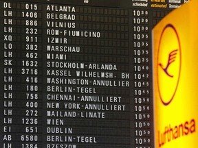 "Annulliert" notice on the departures board indicates cancelled flights from the Frankfurt Airport in Germany, September 8, 2015. Lufthansa has cancelled 84 of about 170 long-haul flights planned for Tuesday from Frankfurt, Munich and Duesseldorf because of the strike. REUTERS/Kai Pfaffenbach