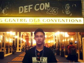 This August 2014 photo provided by Shu Chien shows her son Moshe Kai Cavalin at the DEF CON 23 hacker's conference in Las Vegas. Cavalin, of San Gabriel, Calif., earned a bachelor’s in math from UCLA at age 15, and is taking online classes through Brandeis University, near Boston, towards a master’s in cybersecurity. He’s also working for NASA, where he is developing aircraft tracking technology. (Shu Chien via AP)