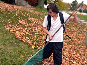 Even before he took off his backpack after returning home from high school, Austin Garratt was out in his front yard dealing with the piles and piles of leaves that had fallen on his parents' lawn last Tuesday, Oct. 27. GALEN SIMMONS/MITCHELL ADVOCATE