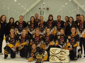 The U14AA Mitchell Stingers ringette team went undefeated to win gold at the Oshawa tournament Oct. 30-Nov. 1. SUBMITTED