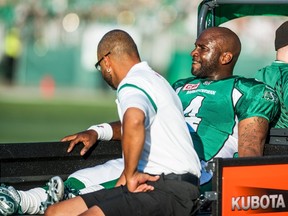 Roughriders QB Darian Durant leaves the field against the Blue Bombers during CFL action in Regina on June 27, 2015. Durant says he is ahead of schedule and will be ready to return from a season-ending Achilles tendon injury by January. (Matt Smith/Reuters)