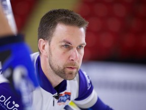 Brad Gushue fell and hit his head on the ice during the quarterfinal at the Grand Slam of Curling Masters He returned to the ice later in the day with stitches above his right eye. (THE CANADIAN PRESS/HO-Anil Mungal)
