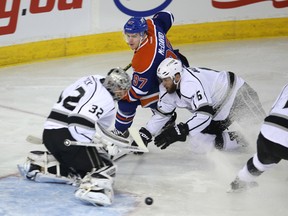 Connor McDavid, shown here in action against the Los Angeles Kings in October, is happy playing on a line with wingers Benoit Pouliot and Nail Yakupov. (Perry Mah, Edmonton Sun)
