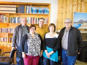 Councillor Doug Thornton, architect George Berry, project manager Tracy Wells,  lodge manager Millie Loeffler, and Reeve Brian Hammond, met for a design meeting at Crest View Lodge on Oct. 28, 2015. Jocelyn Doll photo/Pincher Creek Echo