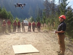 A drone is shown in a photo supplied by Hummingbird Drones, a contractor hired by the British Columbia Wildfire Service. The wildfire service did some tests this summer to see whether or not it's feasible to use drones to fight wildfires. THE (CANADIAN PRESS/HO- Hummingbird Drones)