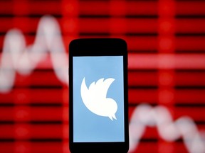 The Twitter logo is shown on a smartphone in front of a displayed stock graph in the central Bosnian town of Zenica, Bosnia and Herzegovina, in this April 29, 2015 file photo illustration. (REUTERS/Dado Ruvic/Files)