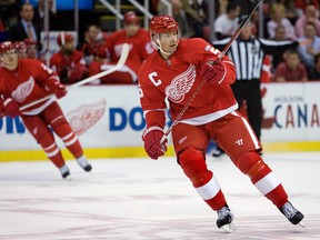 Detroit Red Wing captain Nicklas Lidstrom looks for a pass during the third period a game against the Edmonton Oilers at Joe Louis Arena in Detroit on Feb. 8, 2012. (DEREK RUTTAN/The London Free Press)