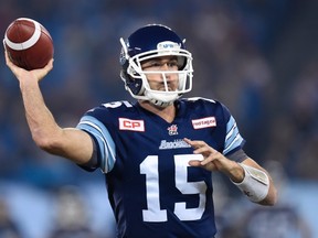 Toronto Argonauts' Ricky Ray looks for a pass during first half CFL football action against the B.C. Lions, in Toronto, on Friday, Oct. 30, 2015. THE CANADIAN PRESS/Frank Gunn