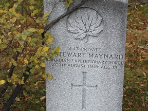 Here lies Stewart Maynard of the Kapuskasing Guard, his stone denotes that he died during service.
