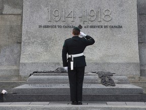 Sgt. Kyle Button salutes as he stands in front of the Tomb of the Unknown Soldier at the National War Memorial in Ottawa, on Oct. 21, 2015. (THE CANADIAN PRESS/Adrian Wyld)