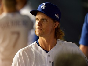 Los Angeles Dodgers starting pitcher Zack Greinke (21) after he pitches the sixth inning against New York Mets in game five of NLDS at Dodger Stadium. Jayne Kamin-Oncea-USA TODAY Sports