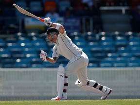 New Zealand’s captain Brendon McCullum hits a one-handed boundary during a match in Australia last week. (AP)