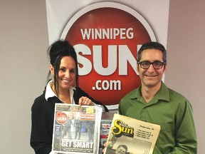 Winnipeg Sun publisher Daria Zmiyiwsky and editor Mark Hamm celebrate the newspaper's 35th anniversary. Nov. 4, 2015.