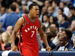 Toronto Raptors guard Kyle Lowry celebrates scoring a basket against the Dallas Mavericks late in the second half of an NBA basketball game in Dallas on Nov. 3, 2015. (AP Photo/Tony Gutierrez)