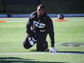 Ottawa RedBlacks defensive end Shawn Lemon, at practice Wednesday, Nov. 4, 2015, was named one of the Shaw CFL Top Performers of the week, after getting two huge sacks against Hamilton. TIM BAINES/OTTAWA SUN