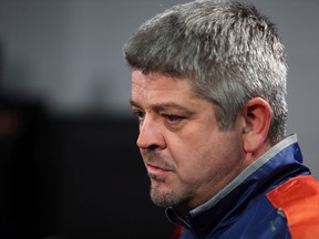 Edmonton Oilers’ head coach Todd McLellan speaks to the media on Connor McDavid’s injury at Rexall Place on Thursday. McDavid will be out indefinitely with a fractured clavicle. (Perry mah, Edmonton Sun)