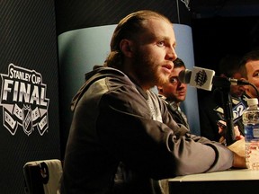 Chicago Blackhawks player Patrick Kane talks with media during media day the day before the 2015 Stanley Cup Final in Tampa, Florida June 2, 2015. Kim Klement-USA TODAY Sports/Files