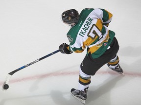 Matthew Tkachuk of the London Knights warms up prior to playing against the North Bay Battalion during an OHL game at Budweiser Gardens in London on Oct. 24, 2015. (Claus Andersen/Getty Images/AFP)