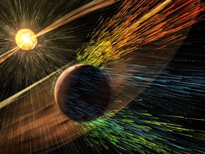 This NASA image released November 5, 2015 shows an artist's rendering of a solar storm hitting Mars and stripping ions from the planet's upper atmosphere. Mars may once have supported life but is now a cold, dry planet, and scientists said Thursday that a stormy sun likely accelerated the loss of its atmosphere. In fact, researchers believe the thick, protective atmosphere that allowed ancient Mars to be warm and wet billions of years ago may have disappeared far earlier in its history than previously thought. Data from MAVEN, an unmanned spacecraft that has been circling Mars for the past year, was published in scientific studies. AFP PHOTO/NASA/GSFC