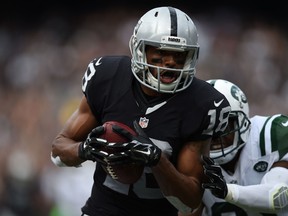 Andre Holmes #18 of the Oakland Raiders makes a 49-yard catch for a touchdown against the New York Jets during their NFL game at O.co Coliseum on November 1, 2015 in Oakland, California.   Thearon W. Henderson/Getty Images/AFP