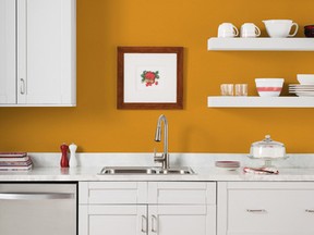 Since guests tend to gather in the kitchen, this room is naturally primed for a holiday paint job. Add colour and warmth with an accent colour such as Winter Squash (10YY 40/608) orange by Dulux Paints.