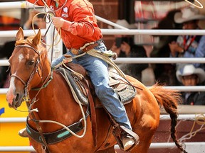 Lee Rombough of Sexsmith in the steer wrestling event at the Calgary Stampede rodeo in Calgary in July.  Al Charest/Postmedia Network