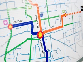 Map showing potential rapid transit corridors in London Ont. (File photo)