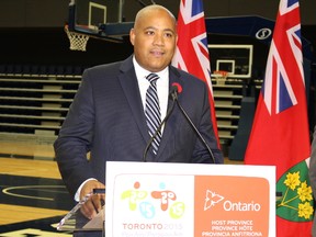 Tourism, Culture and Sport Minister Michael Coteau addresses cost of the Pan Am Games during a news conference in Toronto on Thursday Nov. 5, 2015. (Antonella Artuso/Toronto Sun)