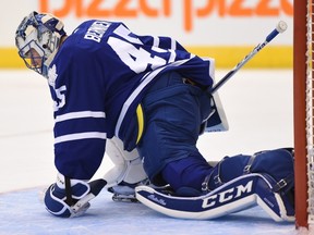 Maple Leafs goalie Jonathan Bernier was placed on injured reserve yesterday and is expected to miss at least two games, paving the way for Antoine Bibeau’s likely NHL debut. (THE CANADIAN PRESS/PHOTO)