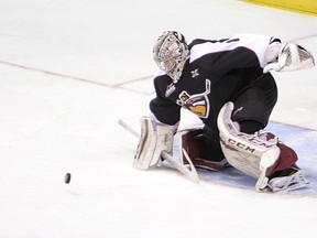 Vancouver Giants' goalie Payton Lee  during the first period of WHL hockey game against  Seattle Thunderbirds in Vancouver , BC.  Friday October 23, 2015,  Photo by Carmine Marinelli