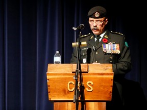 Emily Mountney-Lessard/The Intelligencer
Lt. Col. Shawn McKinstry, commanding officer of the Hastings and Prince Edward Regiment, addresses students at Centennial Secondary School during their pre-Remembrance Day assembly on Friday in Belleville.