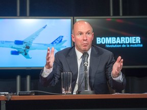 Alain Bellemare, president and Chief Executive Officer Bombardier Inc., speaks to the media at a news conference Thursday, October 29, 2015 in Montreal. The Quebec government is investing $1 billion in Bombardier's CSeries aircraft program. THE CANADIAN PRESS/Ryan Remiorz