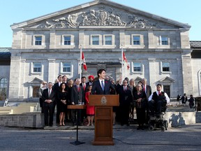 Justin Trudeau and his new cabinet speaks to the crowds and the media at Rideau Hall in Ottawa on Wednesday, Nov. 4, 2015. Trudeau was sworn in as the 23rd Prime Minister of Canada Wednesday.  Tony Caldwell/Ottawa Sun/Postmedia Network